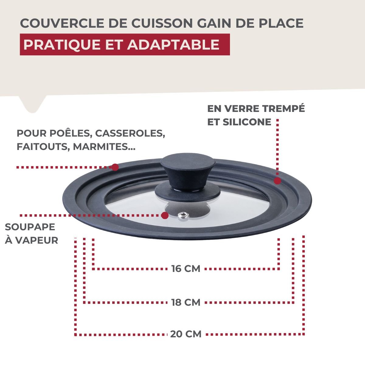Couvercle adaptable de 16 à 20 cm en verre et silicone noir,transparent, FACKELMANN