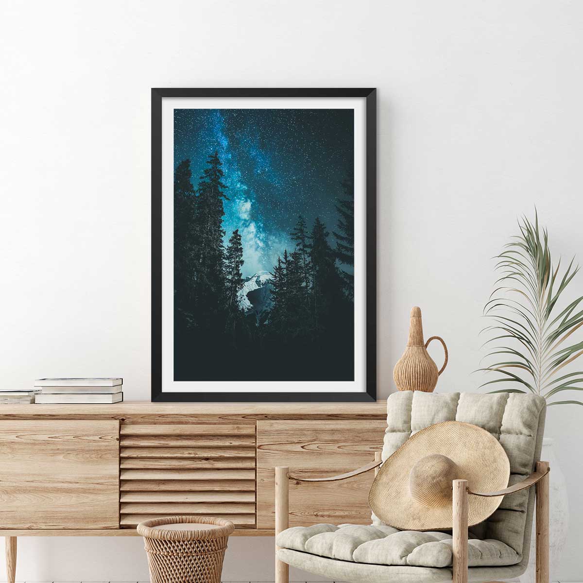 Affiche paysage voie lactée alpine affiche + cadre en bois - noir, HEXOA
