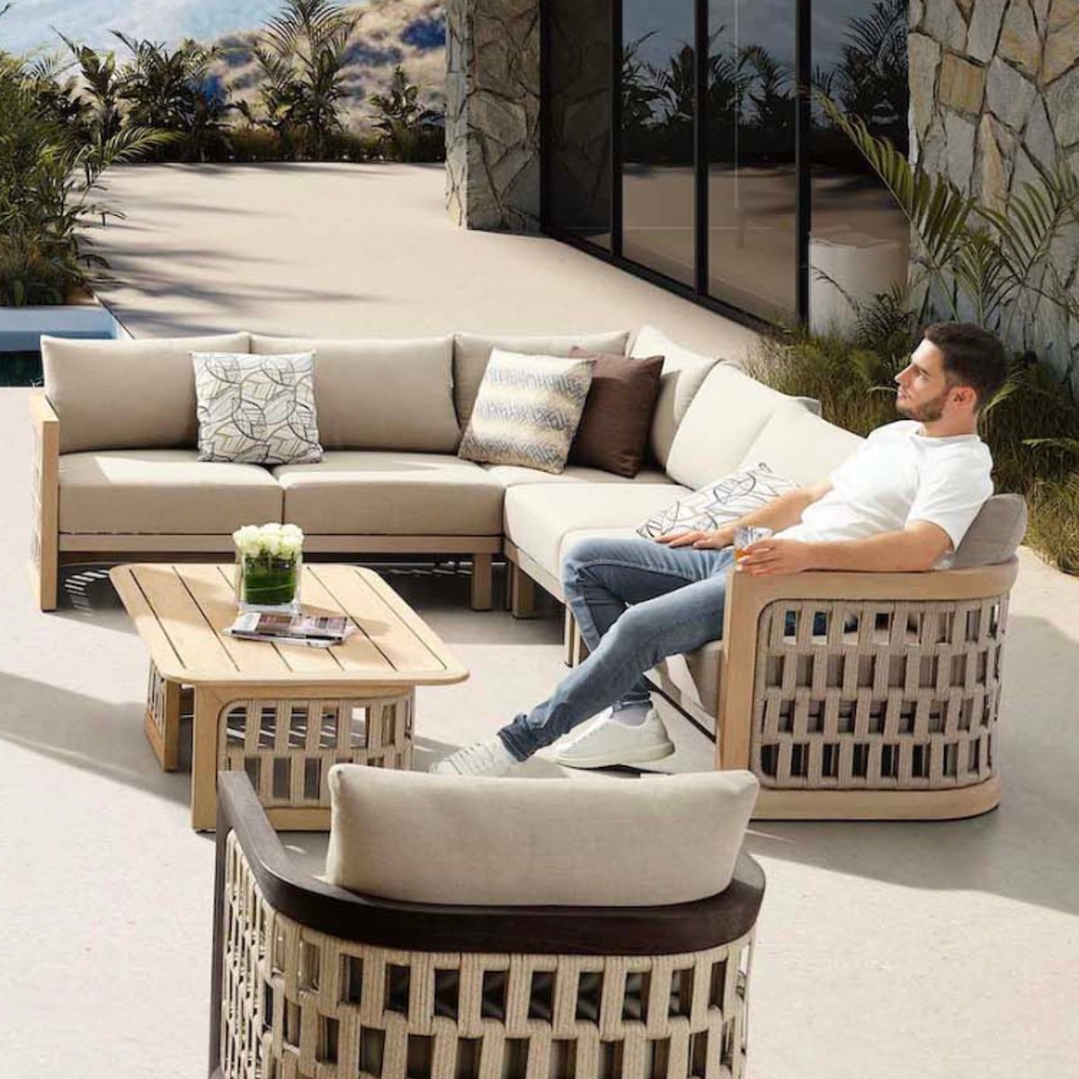 Salon de jardin d'angle en teck, PALMA marron, AU JARDIN DE CHLOÉ
