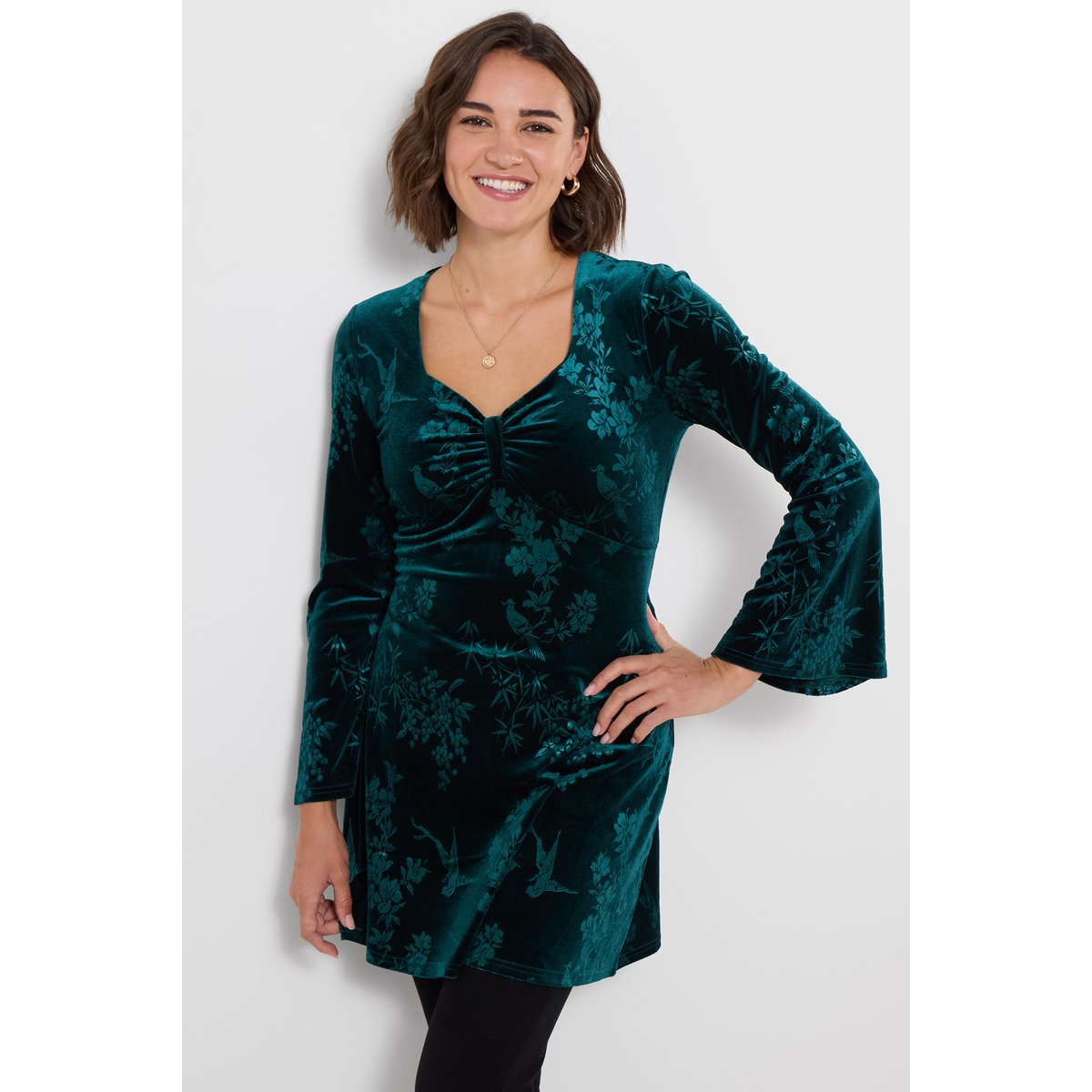 Tunique en Velours Embossé Fleuri vert, JOE BROWNS