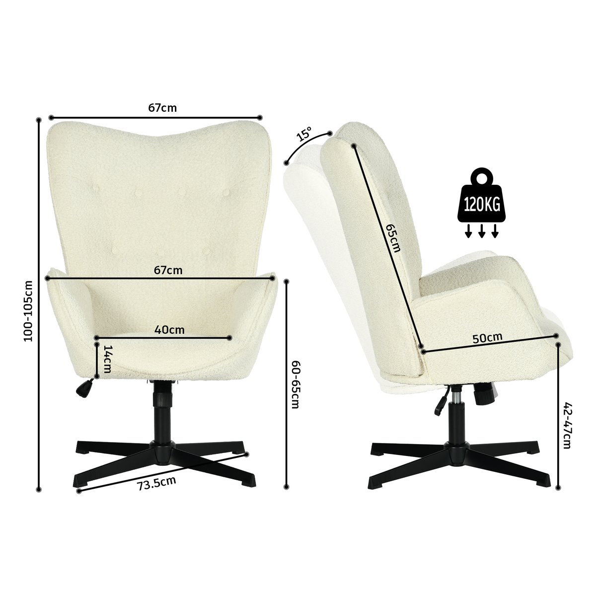 Fauteuil relax rotatif réglable en hauteur bouclette, FUCHS blanc, MEUBLES COSY