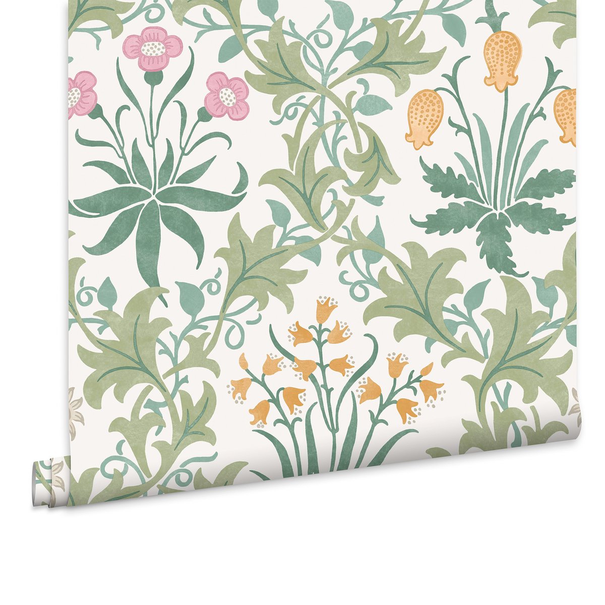 Papier peint fleuri Celandine Spring Garden vert, rose, jaune, WILLIAM MORRIS AT HOME