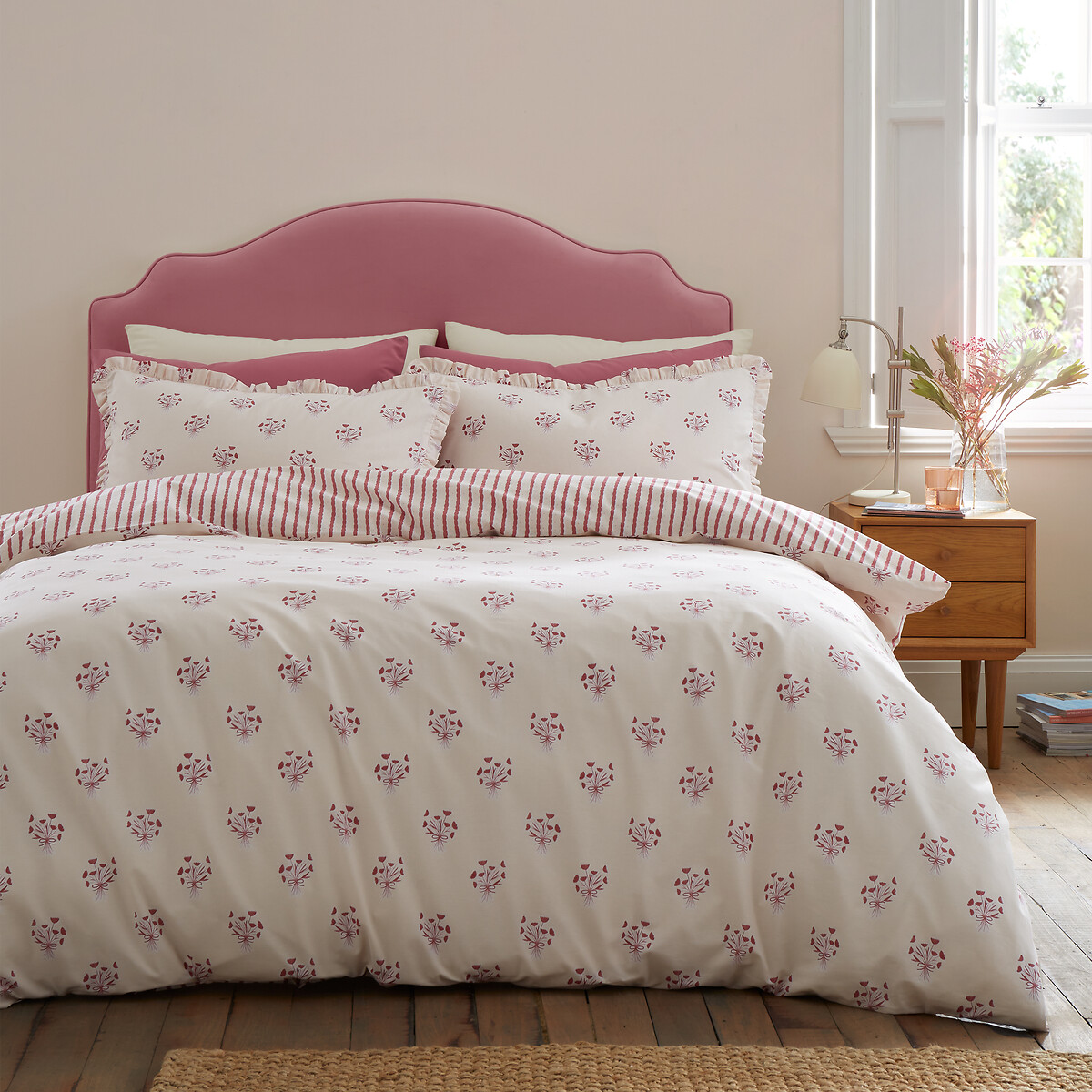 Hand Gathe Posy Cotton Reversible Duvet Cover Set red print, EMILY BOND