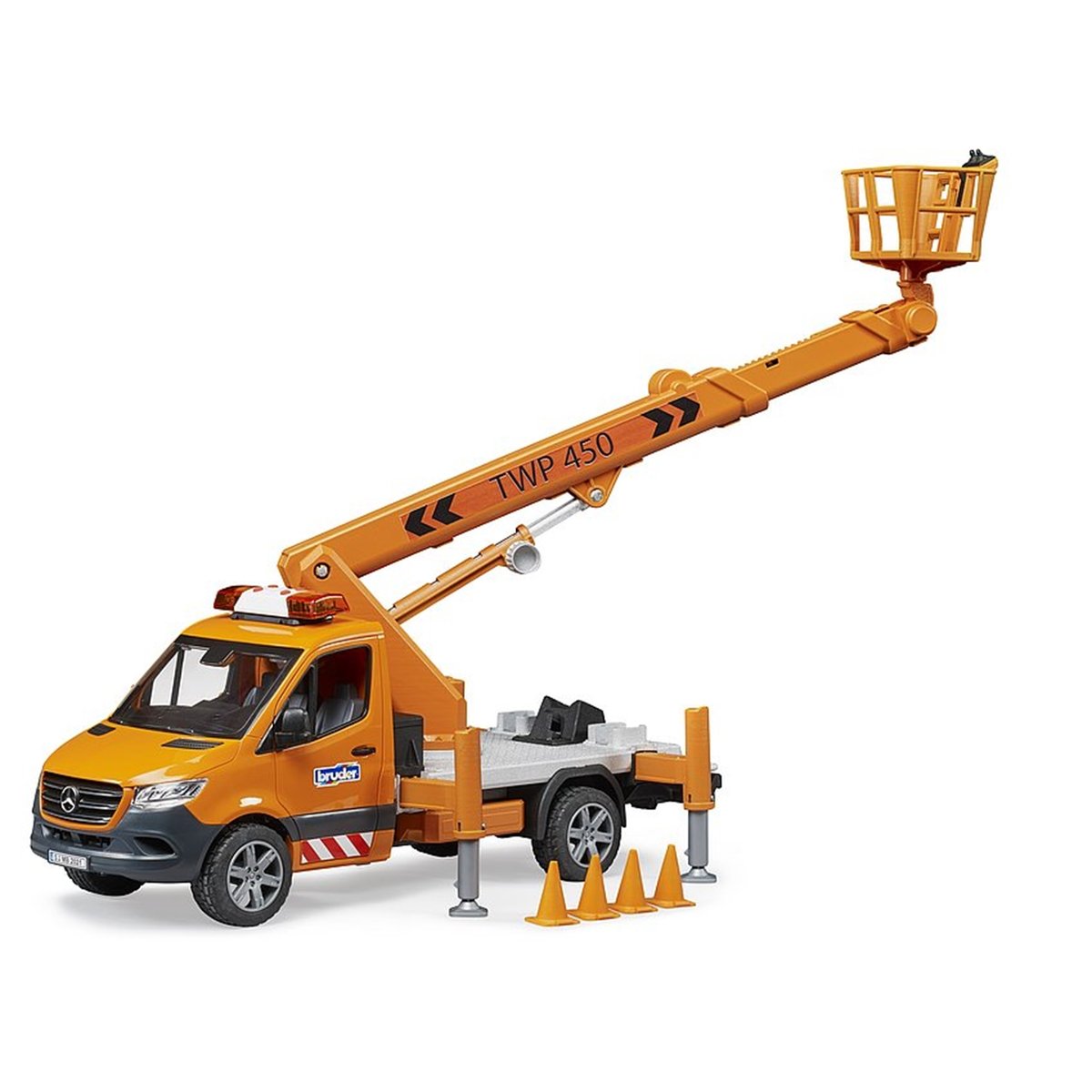MB Sprinter avec plateforme de travail et module son + lumière orange, BRUDER