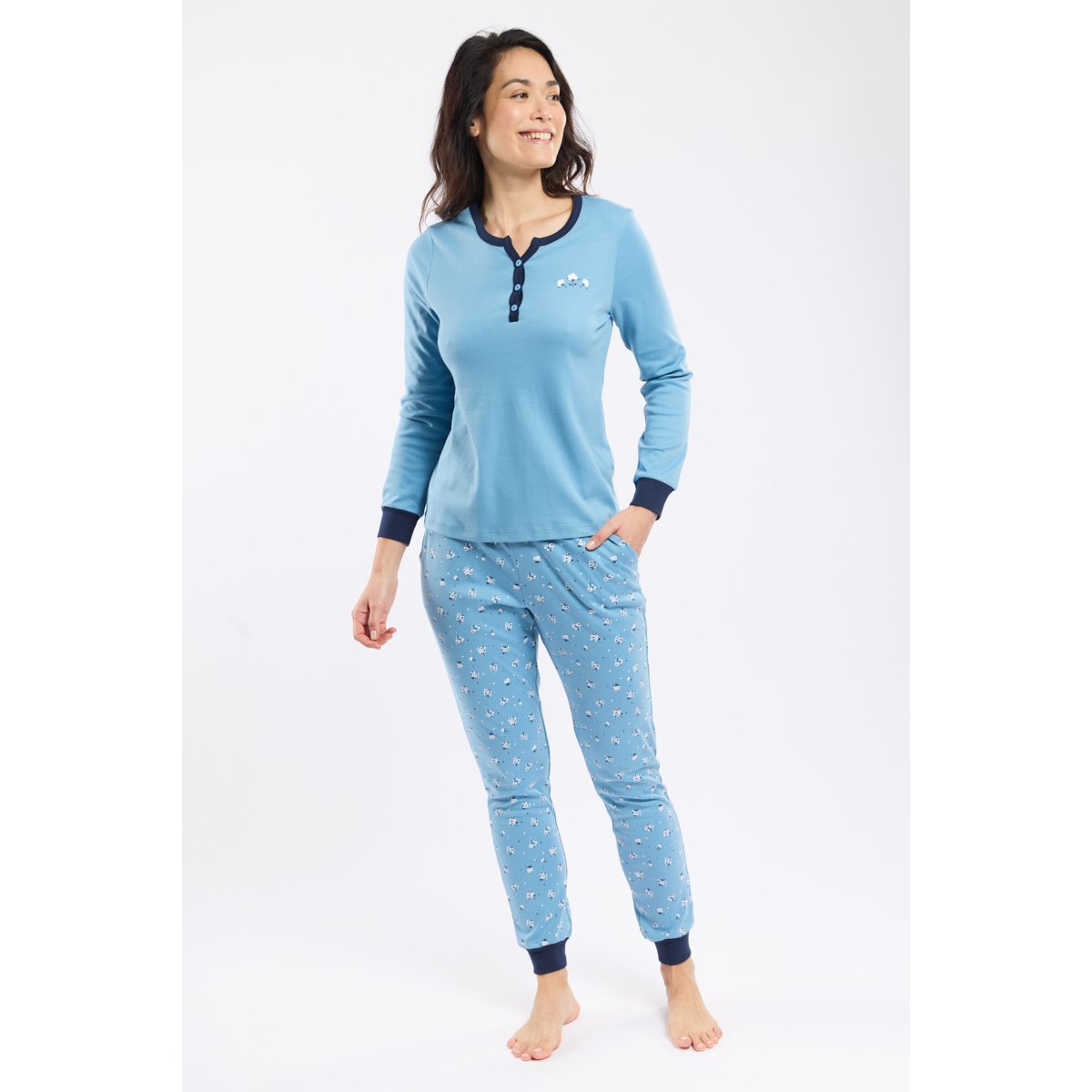 Pyjama micro-motifs en coton épais niagara/ marine deep, ARMOR-LUX