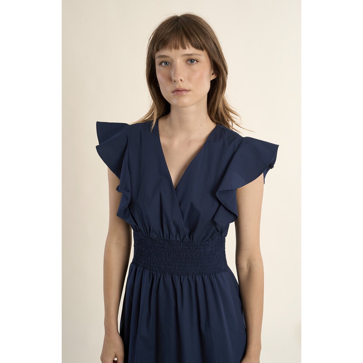 Robe longue manches courtes col V bleu marine, MOLLY BRACKEN