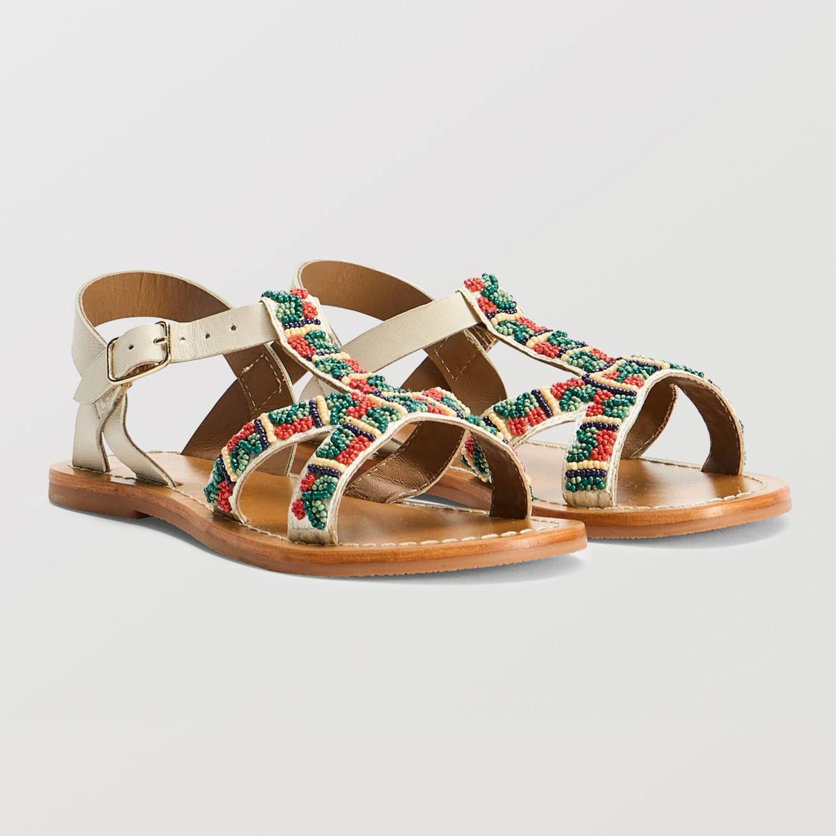 Sandales perlées à brides en cuir sienne, MONOPRIX