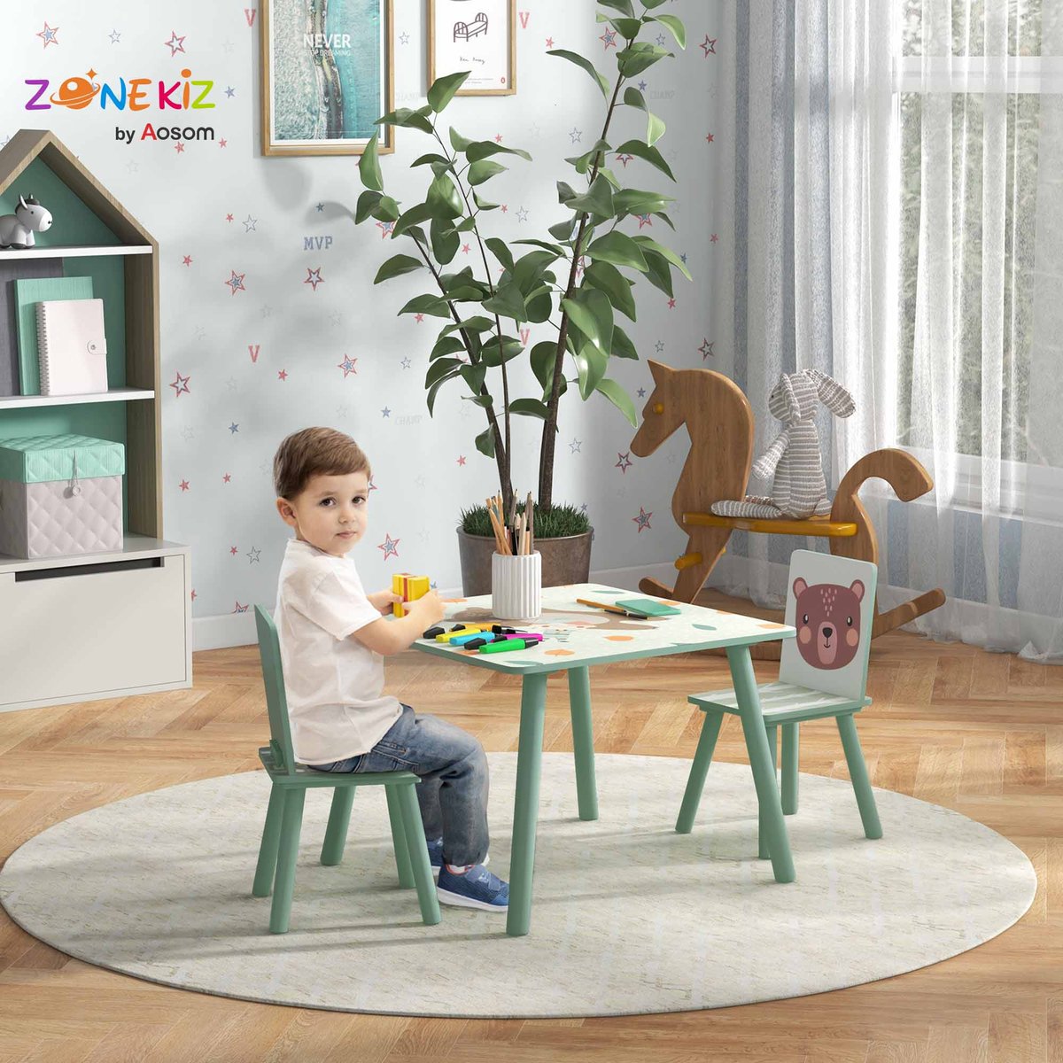 Ensemble table et chaises pour enfants Bois vert avec motifs animaux, ZONEKIZ