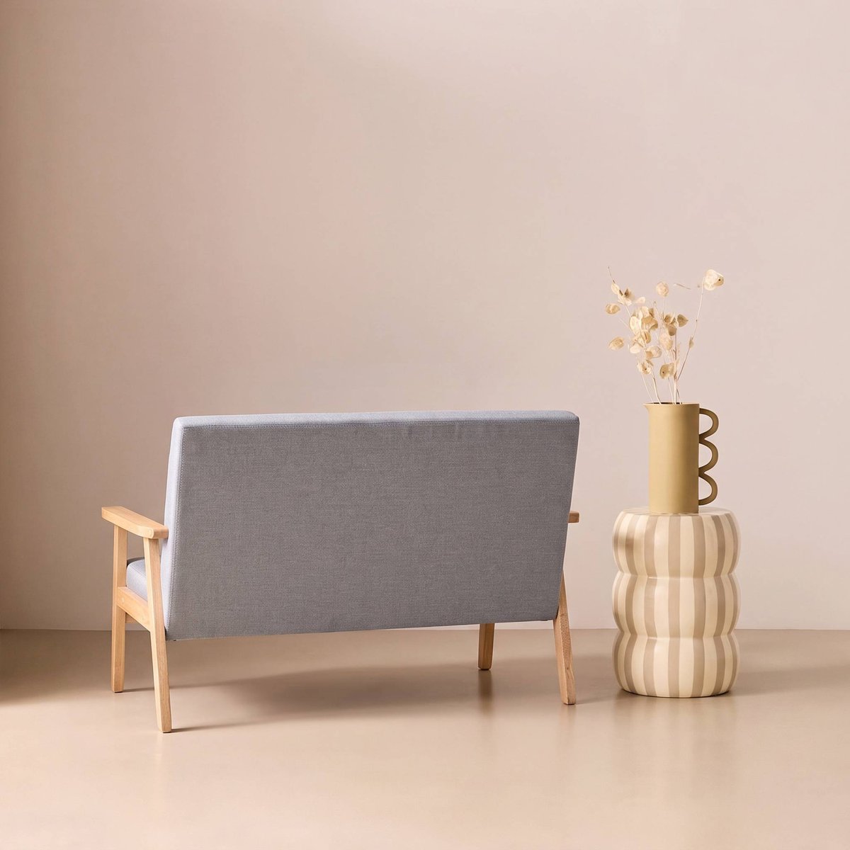 Canapé banquette 2 places bois d'hévéa tissu ISAK gris clair, SWEEEK