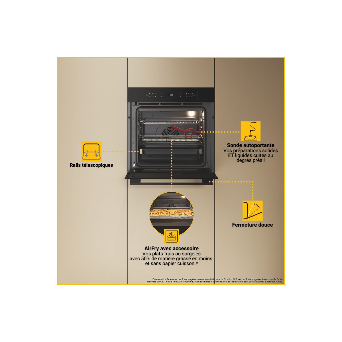 Four encastrable fonction vapeur WOI7A8FPT1SBAF - Pyrolyse, 6ème Sens, Vapeur SteamSens+, Air Fry, TFT couleur unique, WHIRLPOOL