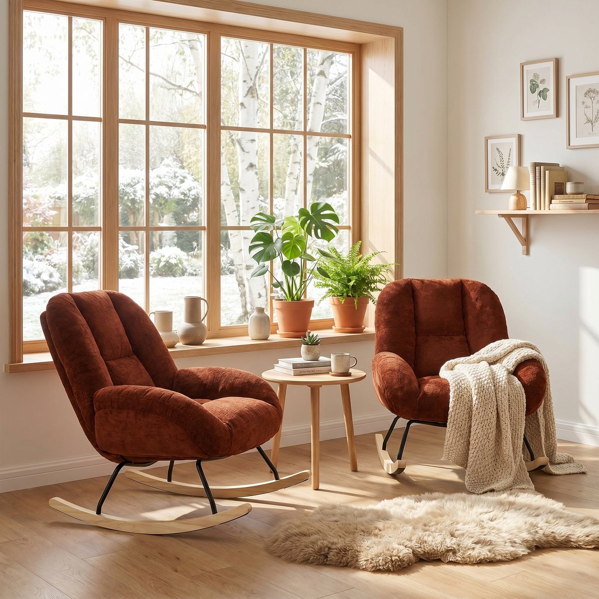 Fauteuil à bascule rocking chair en tissu chenille style scandinave, LITHOPS rouge, MEUBLES COSY