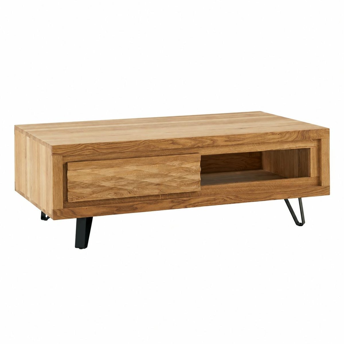 Table basse bois massif - 1 tiroir, frise décorative ROSETO bois naturel, PIER IMPORT