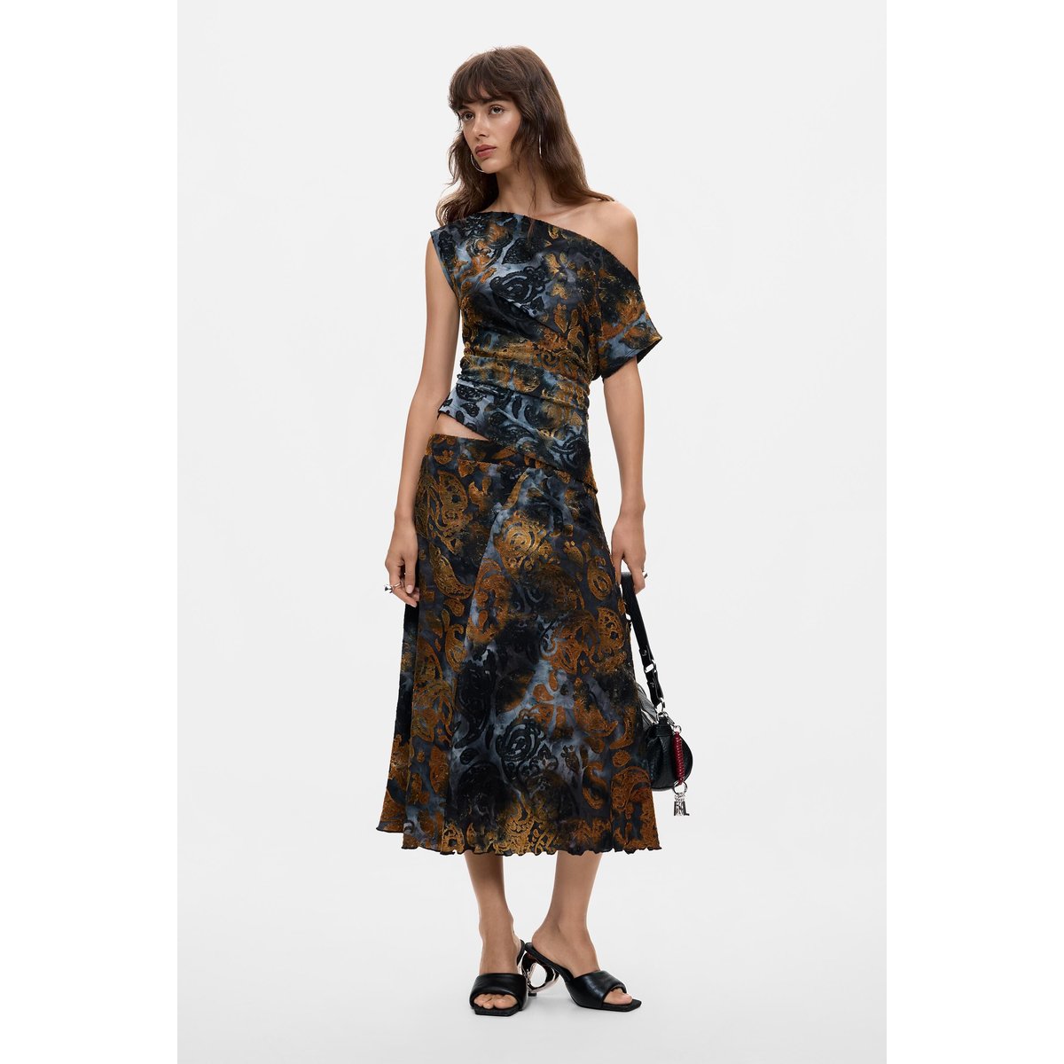 Jupe droite floquée bleu, DESIGUAL