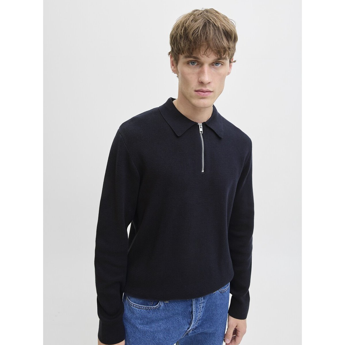 Pull collo a polo e mezza zip blu notte, JACK & JONES
