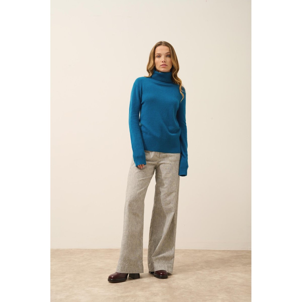 Pull Col Roulé Paon Lexie bleu vert, JUST CASHMERE
