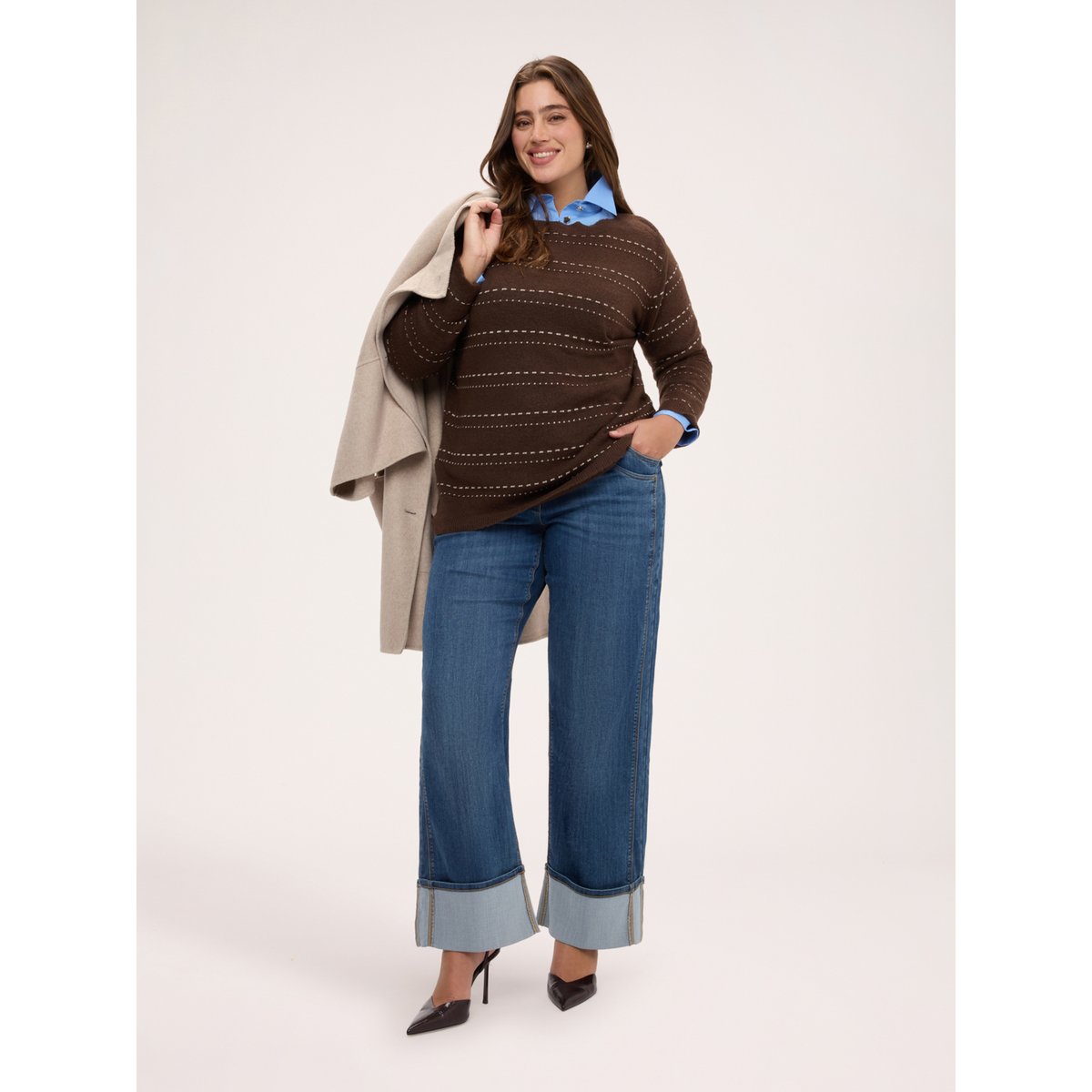 Pull à rayures avec encolure bateau marron, FIORELLA RUBINO
