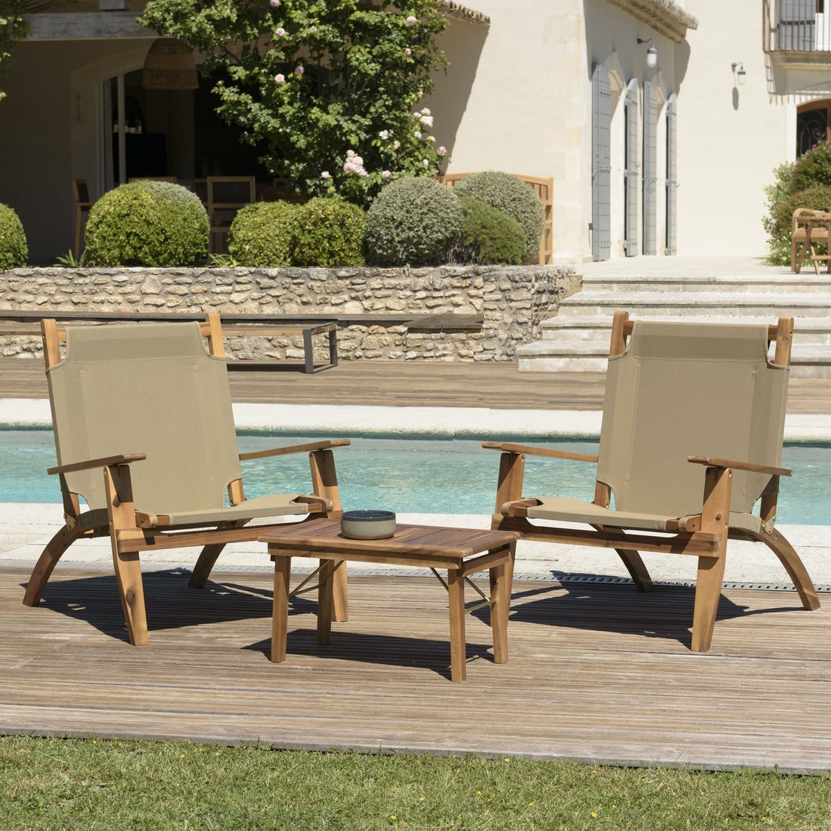 Salon de jardin pliant 2 places en bois d'acacia BAHIA bois naturel, PIER IMPORT