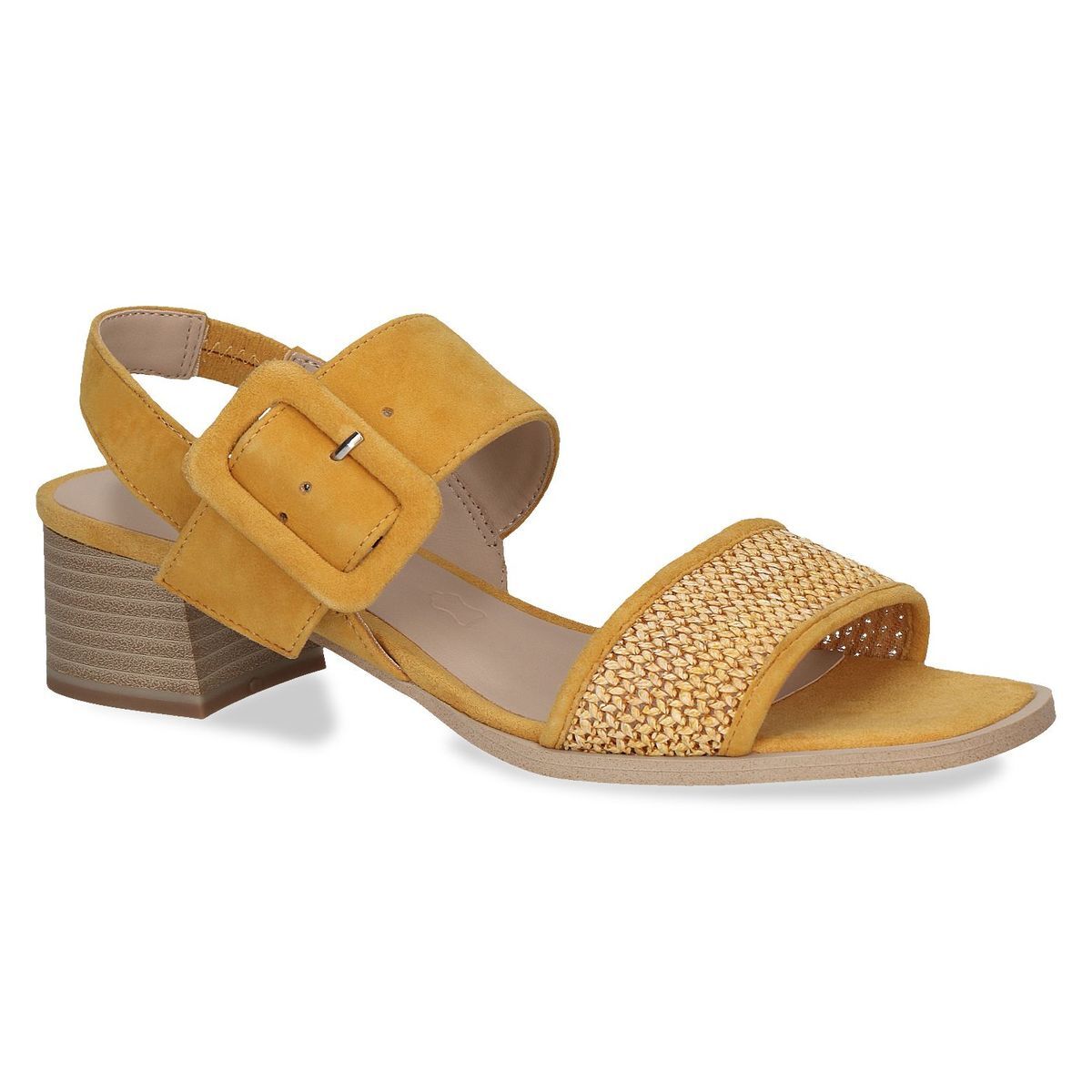 Sandale à talon en boucle jaune mangue suède, CAPRICE