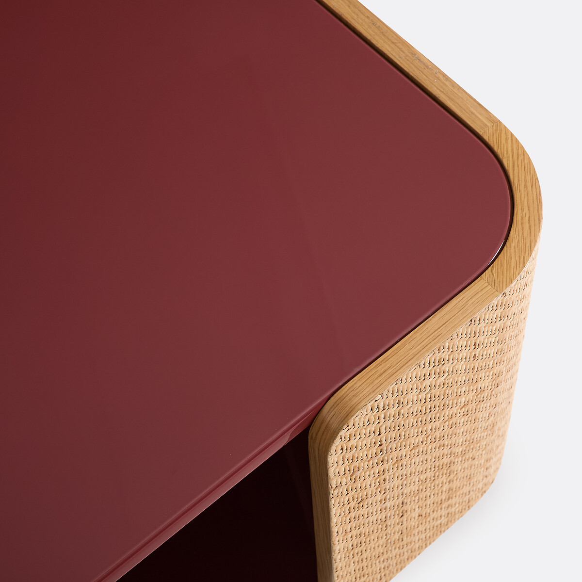 Table basse en laque brillante bordeaux et cannage, double plateau, TALMA plaqué chêne / terracotta, LA REDOUTE INTERIEURS