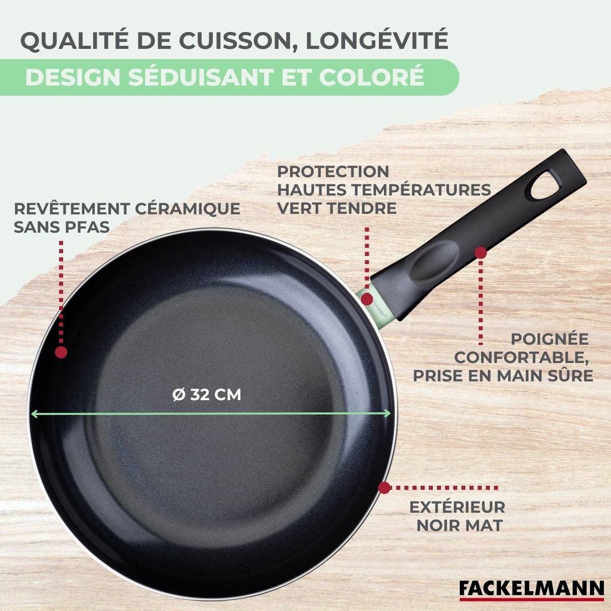 Set poêle antiadhésive céramique 30 cm et 6 ustensiles BRANDAO noir|vert, FACKELMANN
