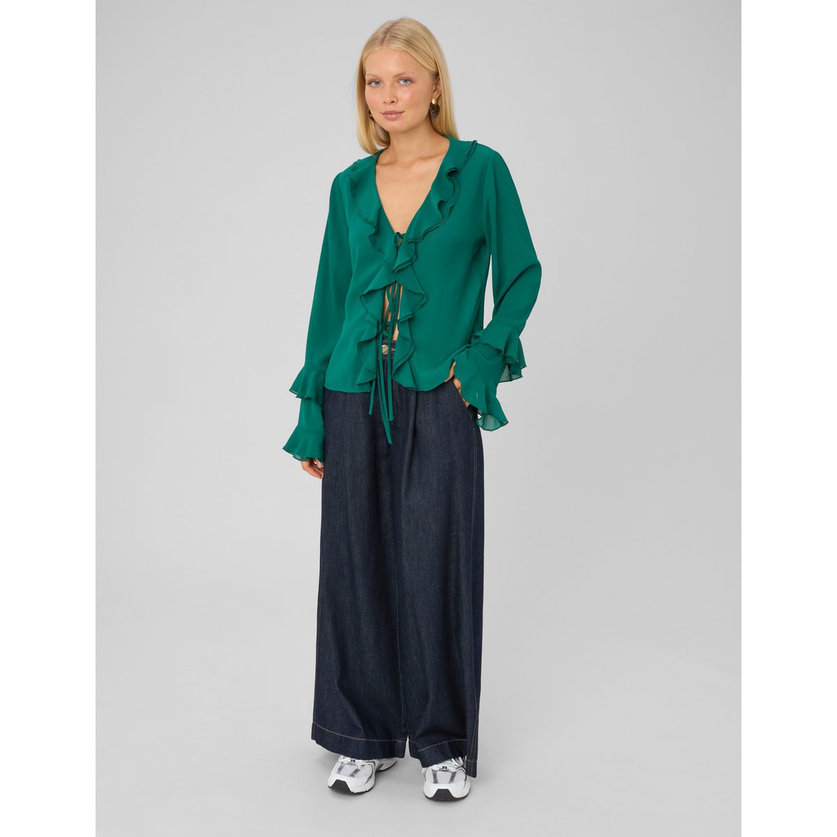 Blouse volantée manches longues vert, BZB