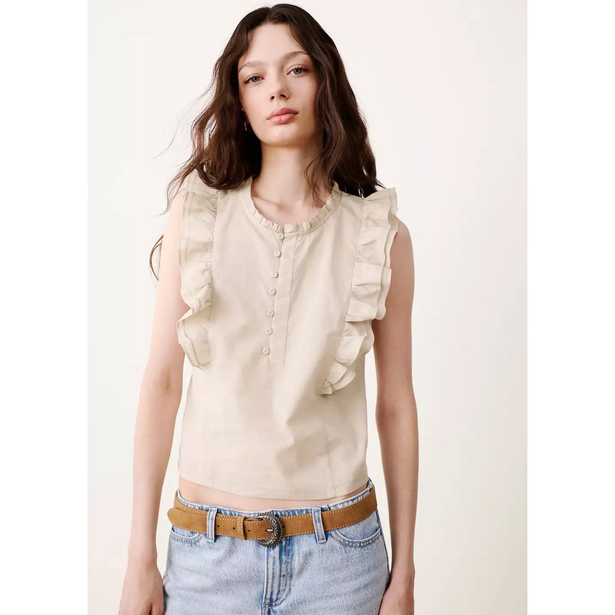 Top coton détail volants marron moyen, MANGO TEEN