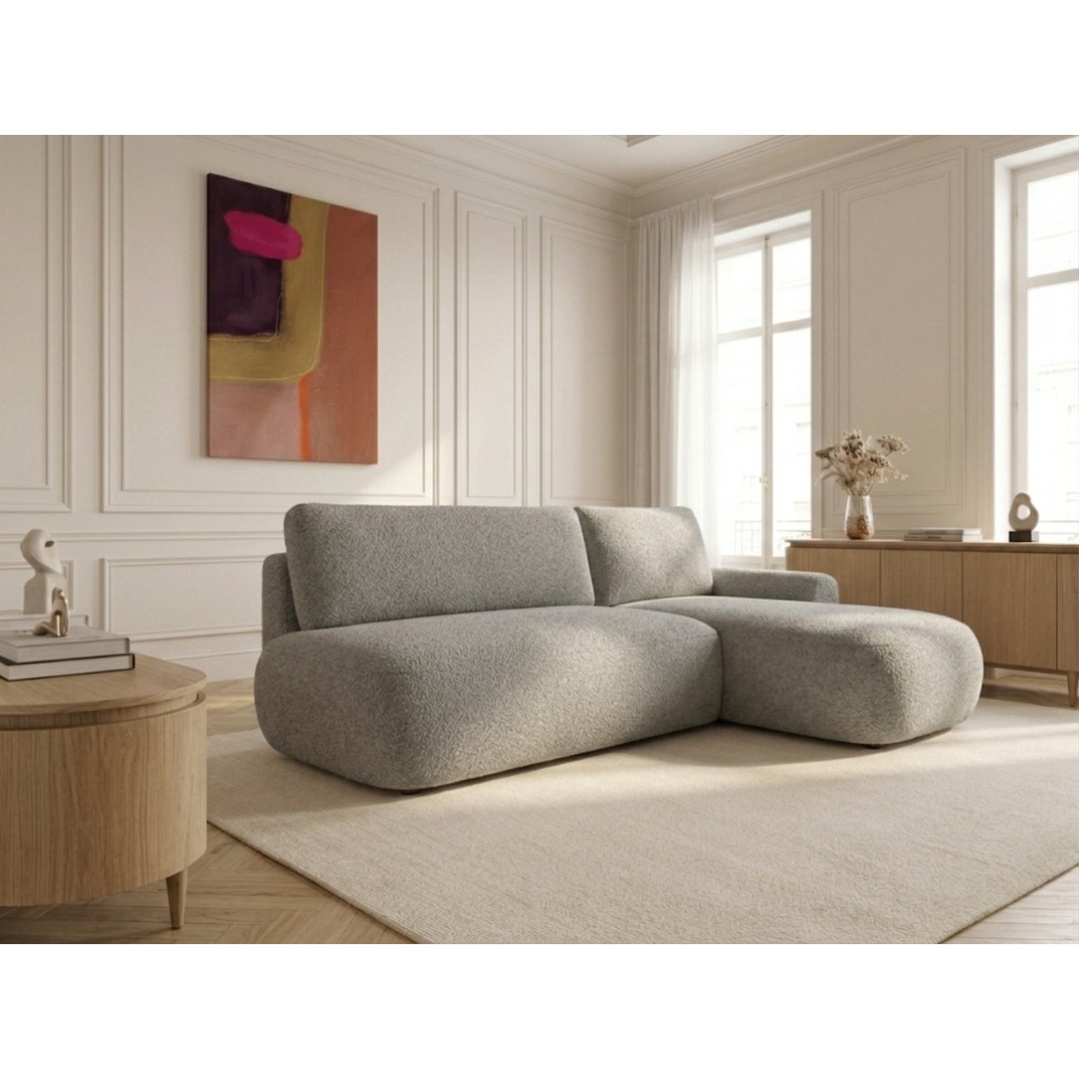 Canapé d'angle convertible 3 places en tissu bouclette, TANGO gris, BOBOCHIC