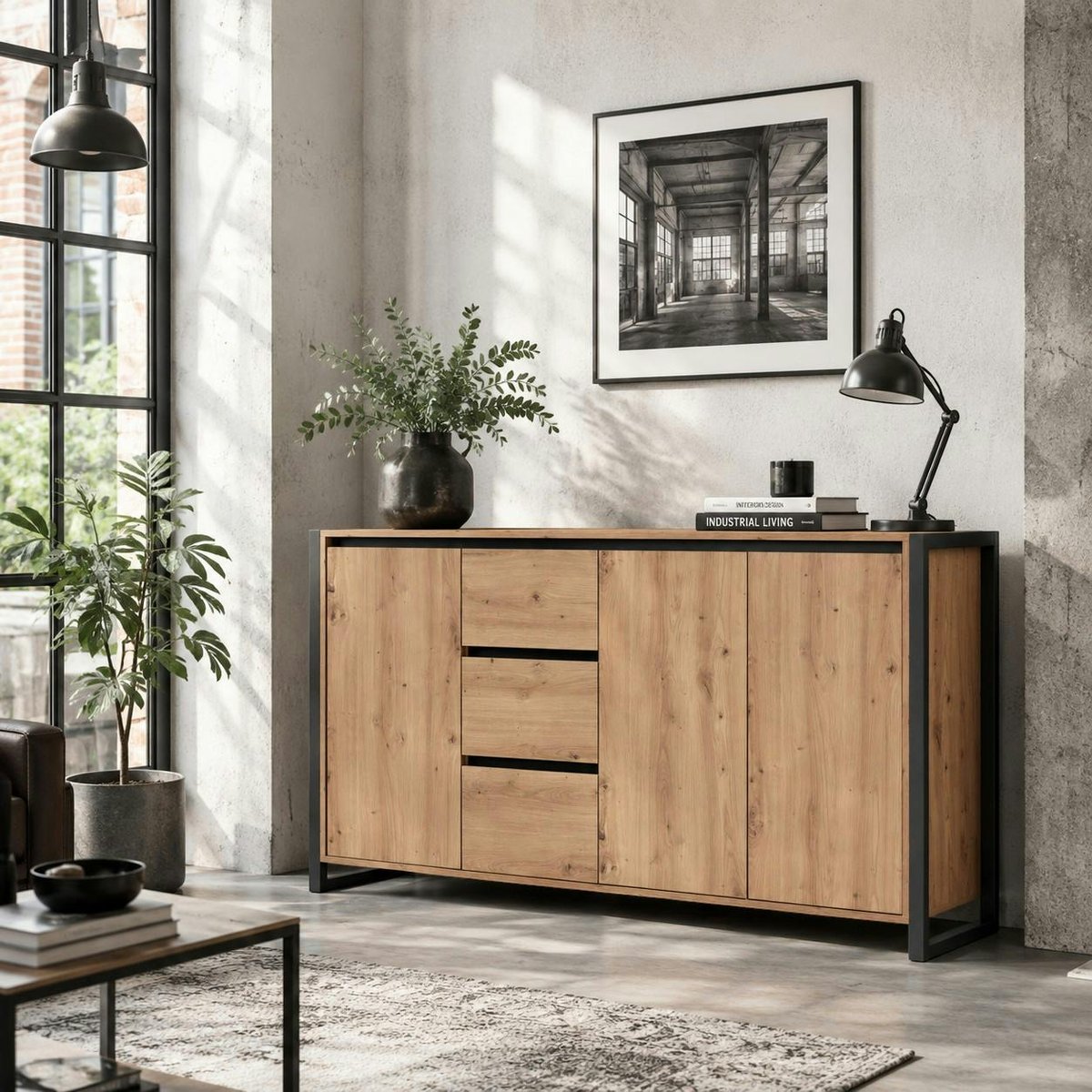 Buffet enfilade 160 cm, 3 portes 3 tiroirs ALVA chêne, PIER IMPORT