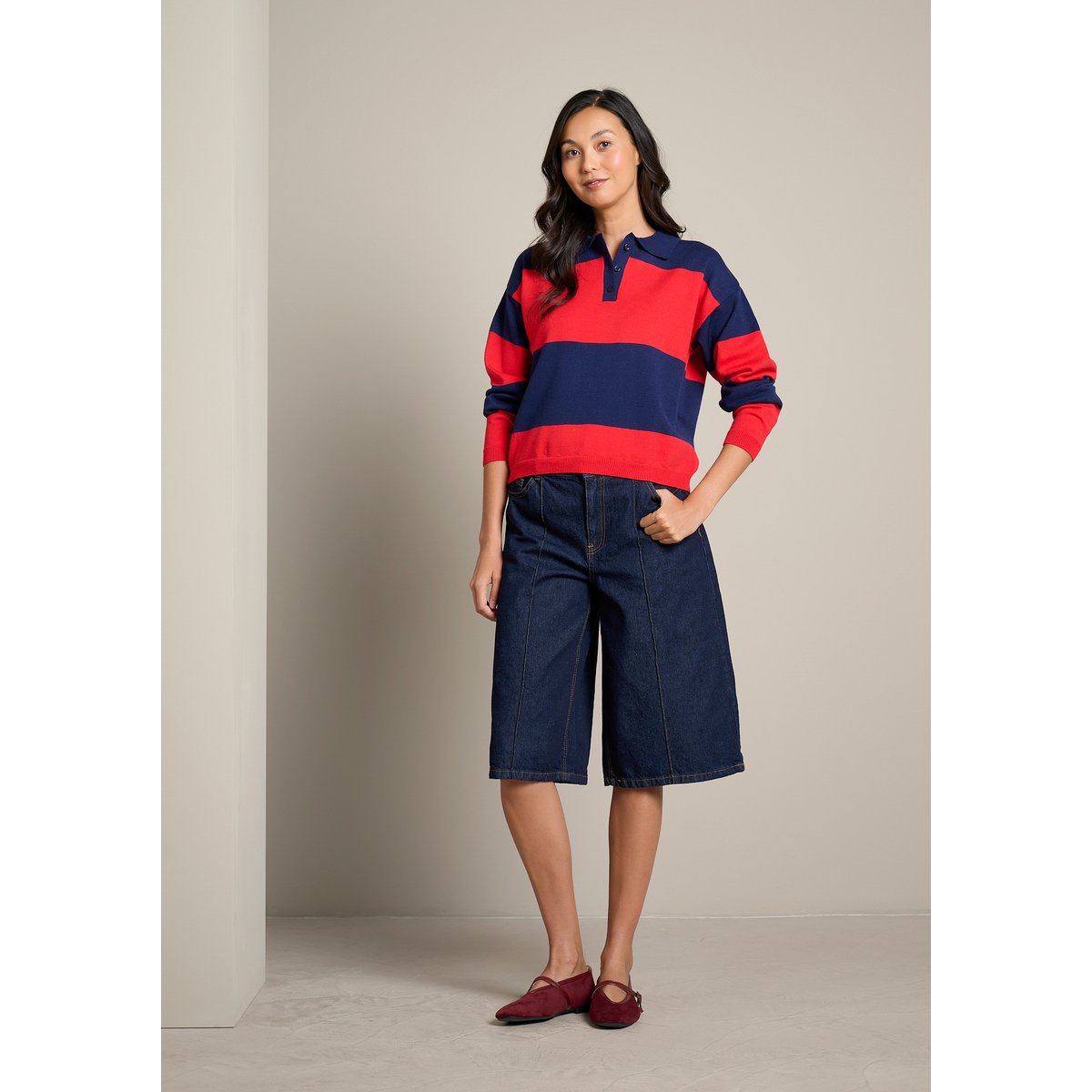 Pull rayé col polo à bouton bleu marine, LOLALIZA