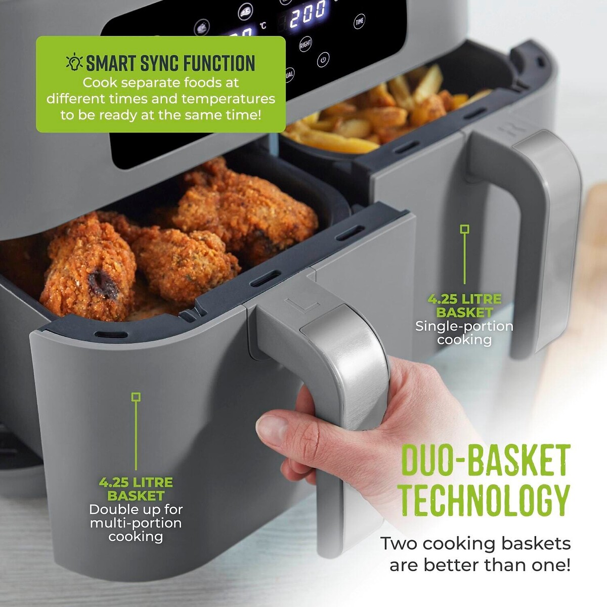 Vortx 8.5L Dual Basket Air Fryer with Chrome Trim- T17137 grey, TOWER