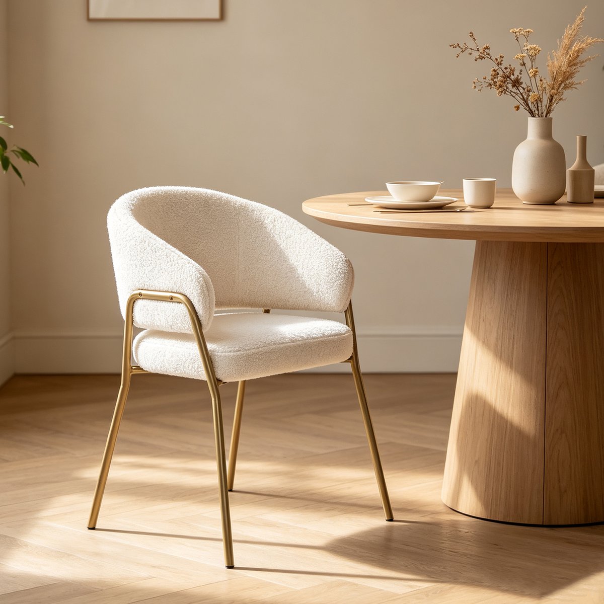 Chaise de salle à manger fauteuil modernes en bouclette, JERRIES blanc, MEUBLES COSY