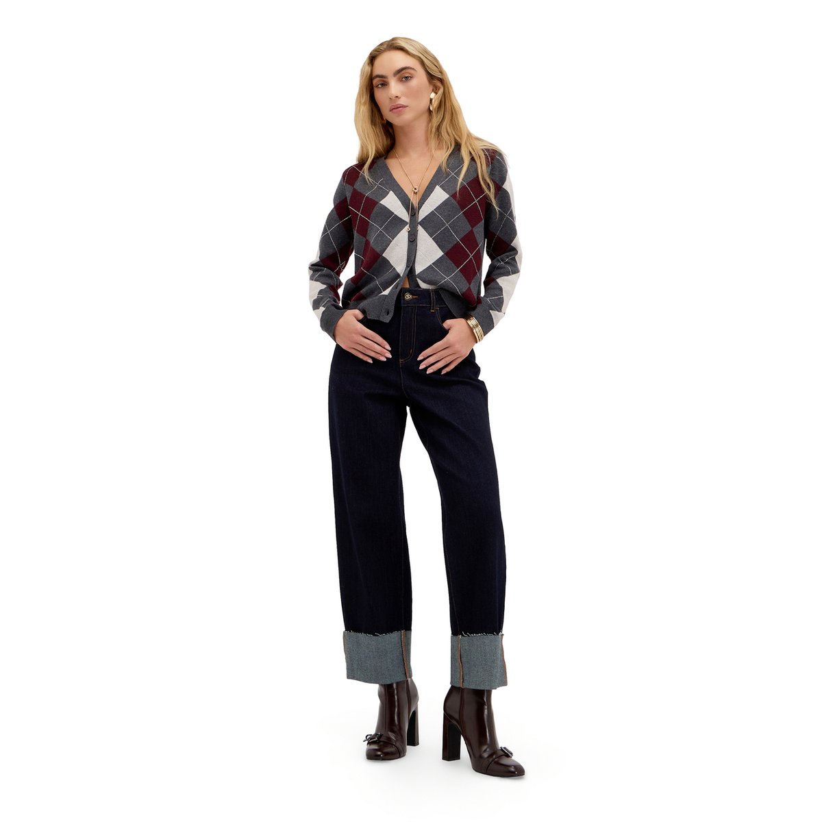 Jean cropped taille haute avec revers bleu, MOTIVI