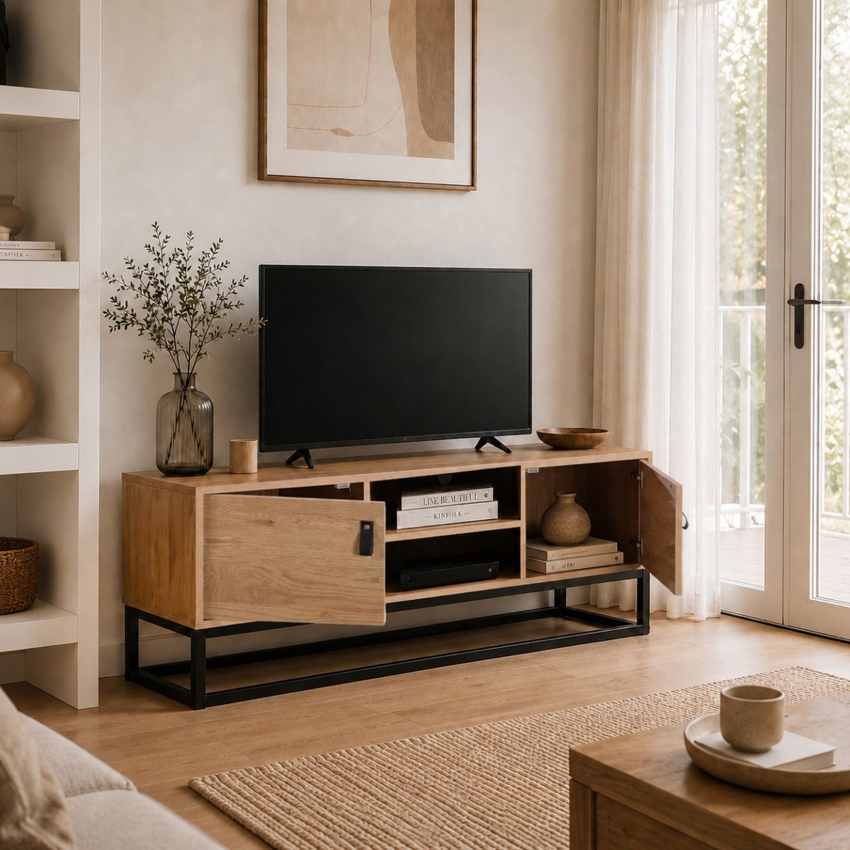 Meuble TV Décor Chêne 2 Portes 2 Niches L120 cm - JILL bois foncé, CALICOSY