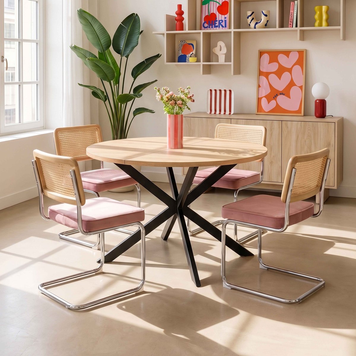 Table à manger extensible ronde en métal et effet bois 6 à 8 personnes, MARCIA beige, OVIALA