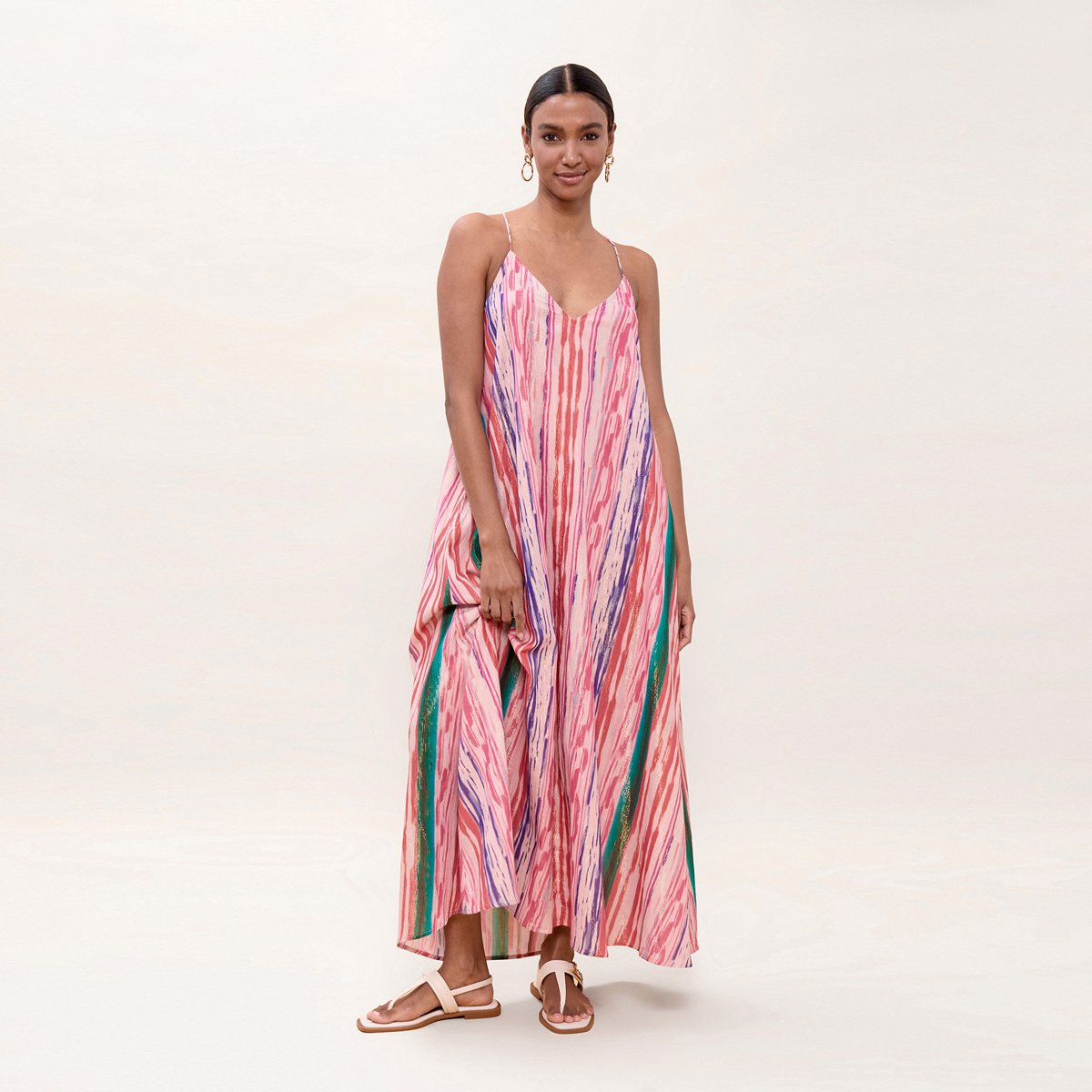 Robe longue fluide rayée à fines bretelles rose, LOLA CASADEMUNT