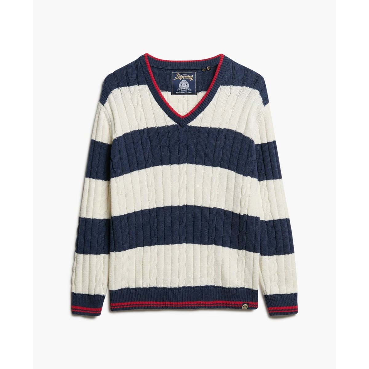 Pull oversize torsadé et rayé à col V rayé bleu marine profond, SUPERDRY