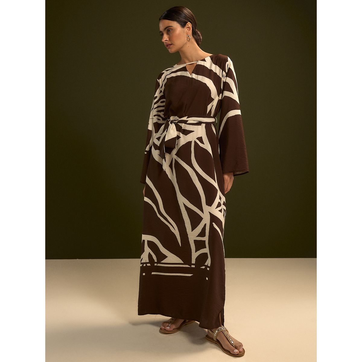Robe caftan longue à manches 3/4 et col v impression marron chocolat, NEXT
