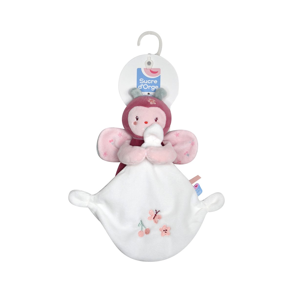 Doudou mouchoir coccinelle savina velours rose, SUCRE D'ORGE