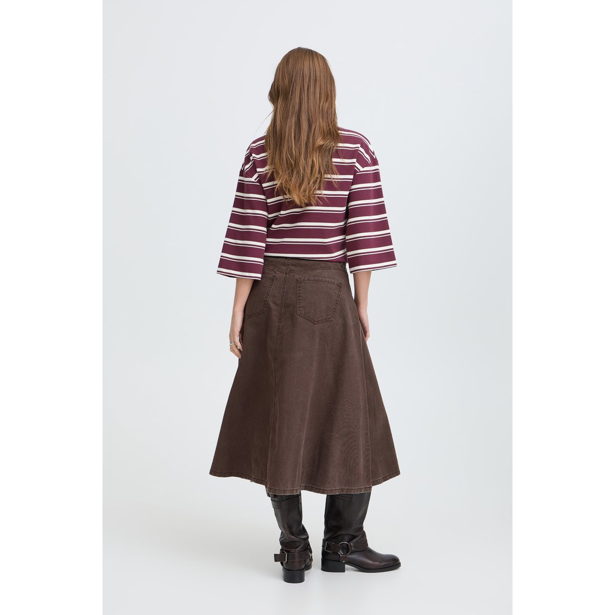 Jupe midi en denim, coupe évasée, taille haute marron java, B.YOUNG