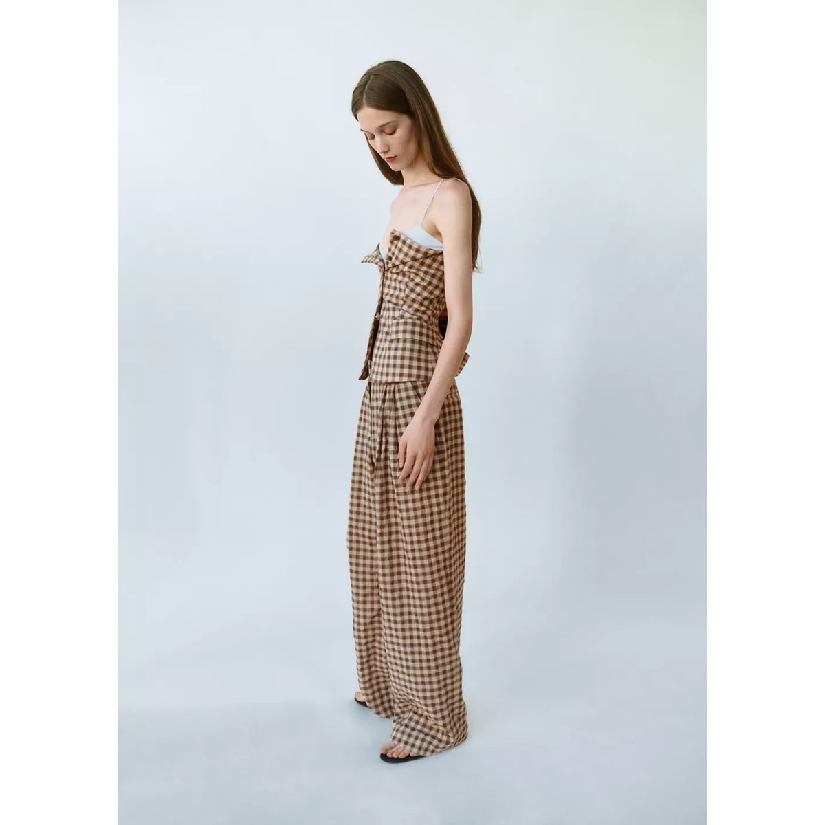 Top bustier à carreaux vichy marron, MANGO