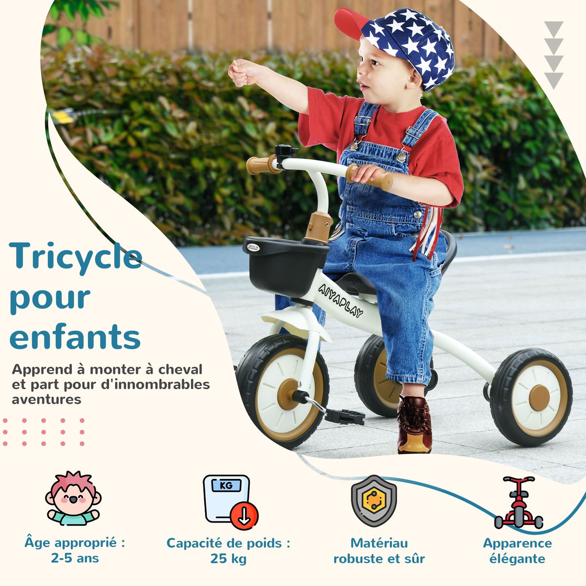 Tricycle pour enfants Métal Blanc blanc, noir, marron, AIYAPLAY