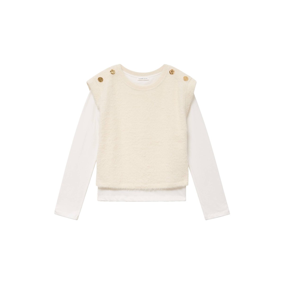 Pull 2-en-1 manches longues col rond ecru, CACHE CACHE