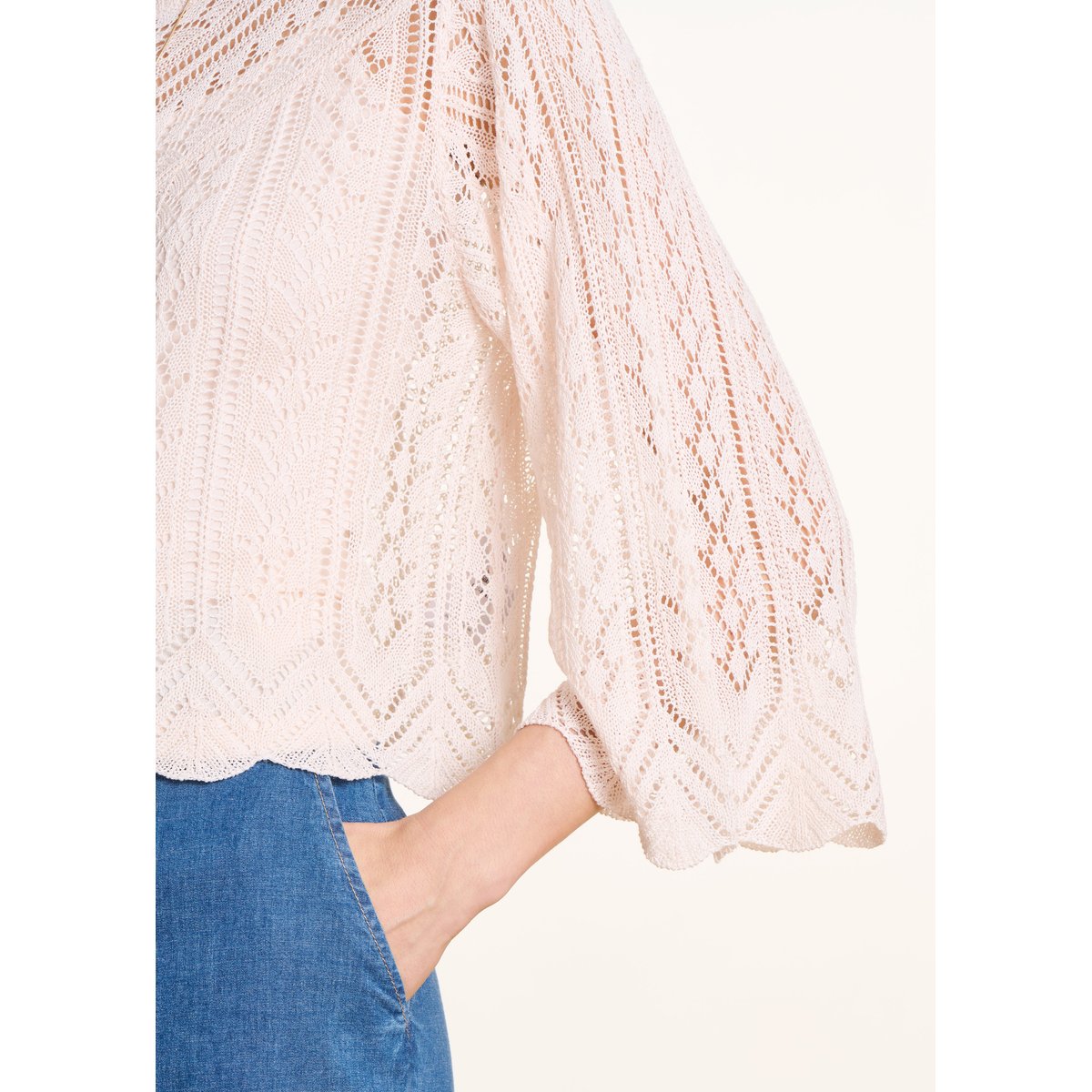 Pull court en maille fine ajourée ecru, LA FEE MARABOUTEE