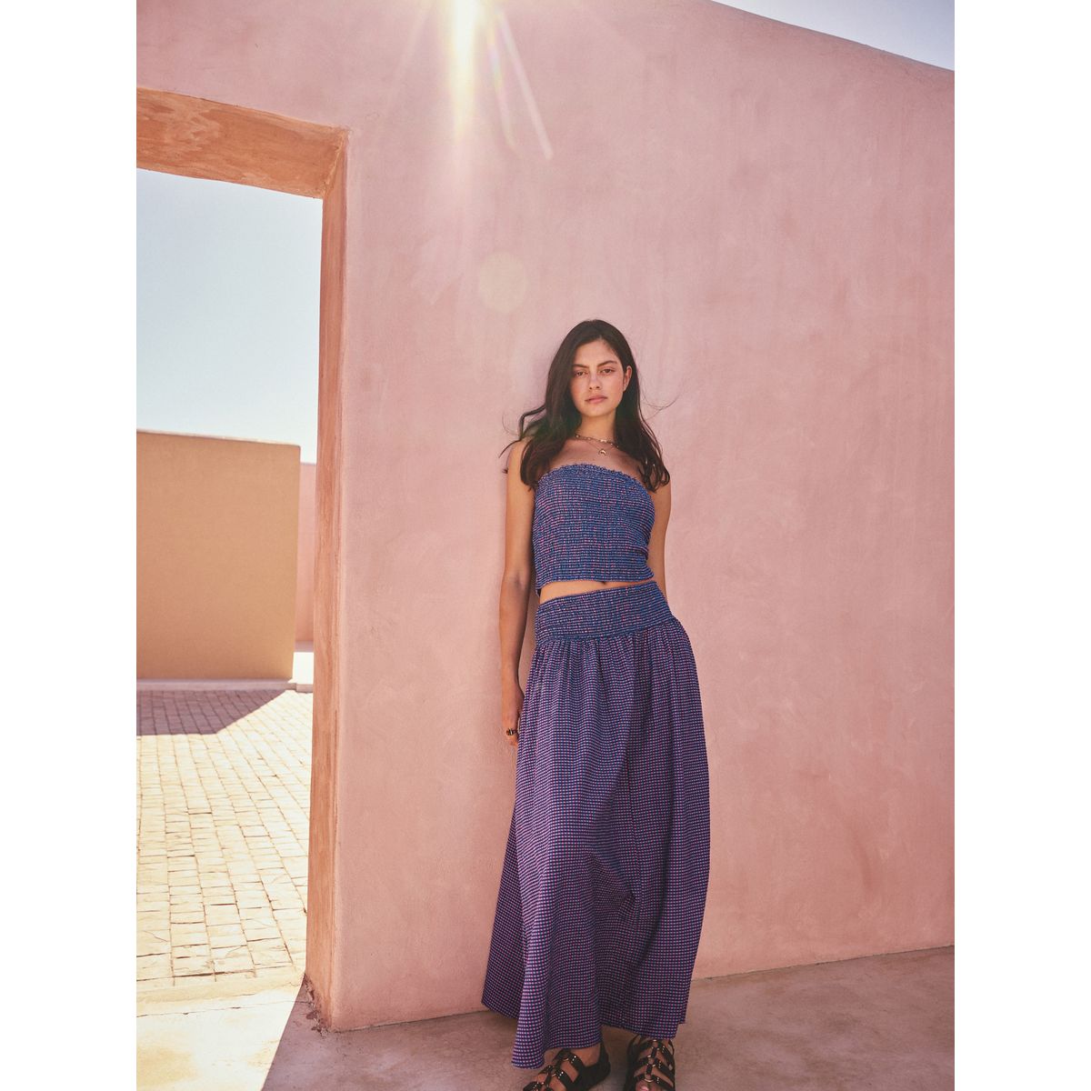 Jupe longue à taille smockée vingham violet/bleu, NEXT