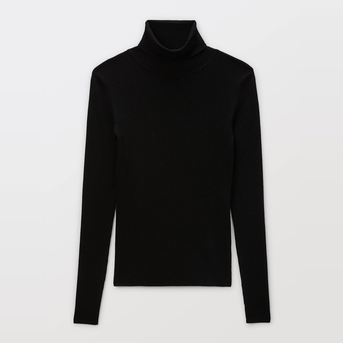 Pull col roulé à côtes uni en laine noir, MONOPRIX