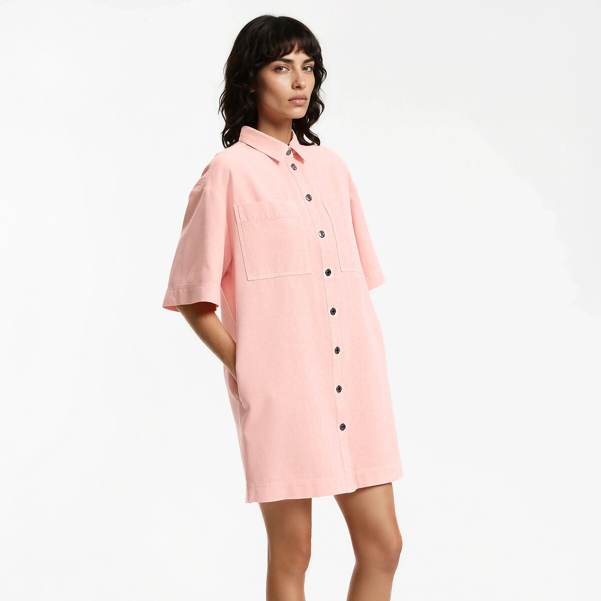Robe chemise courte manches courtes rose pâle, LA REDOUTE COLLECTIONS