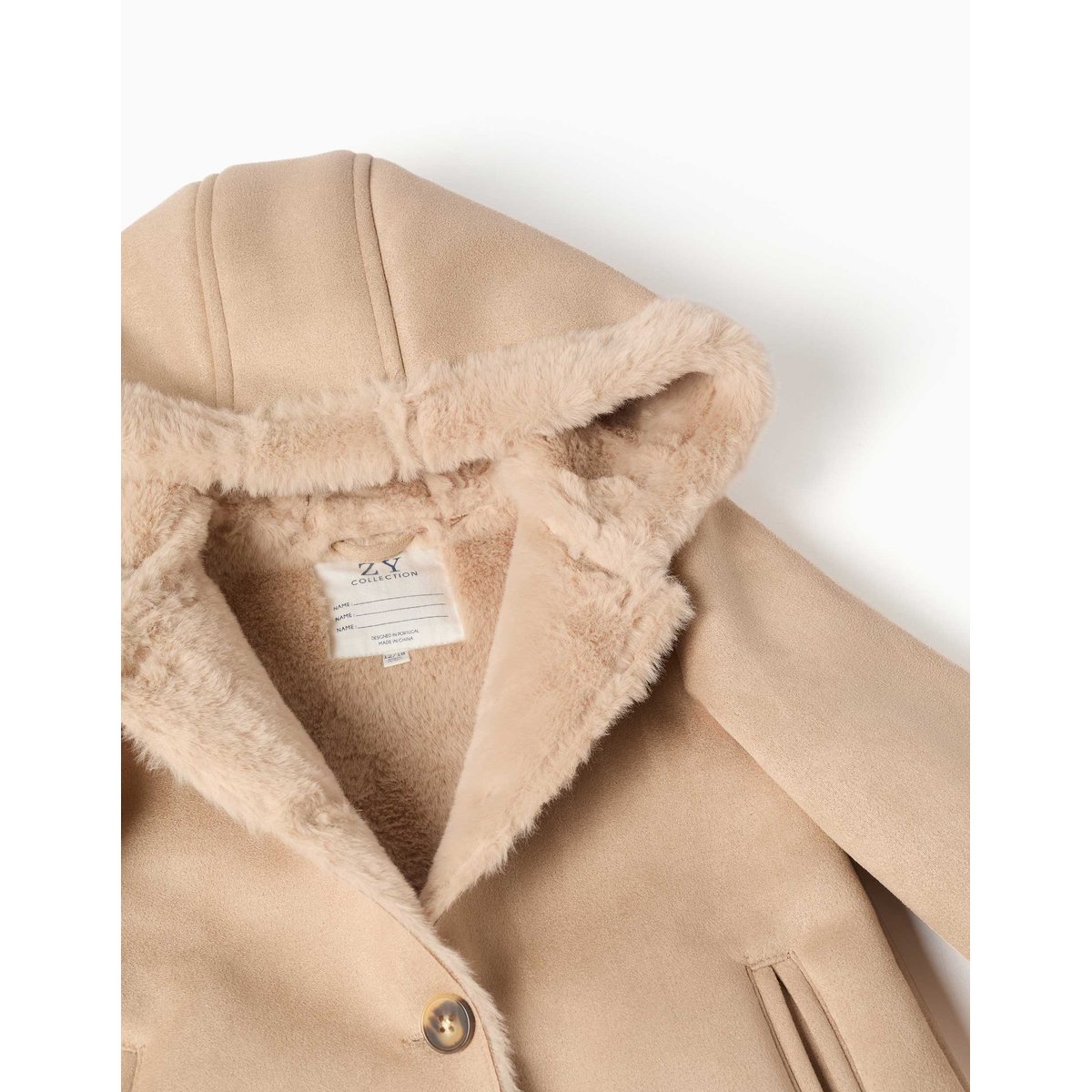 Manteau en suédine à capuche et doublure en peluche douce synthétique beige clair, ZIPPY
