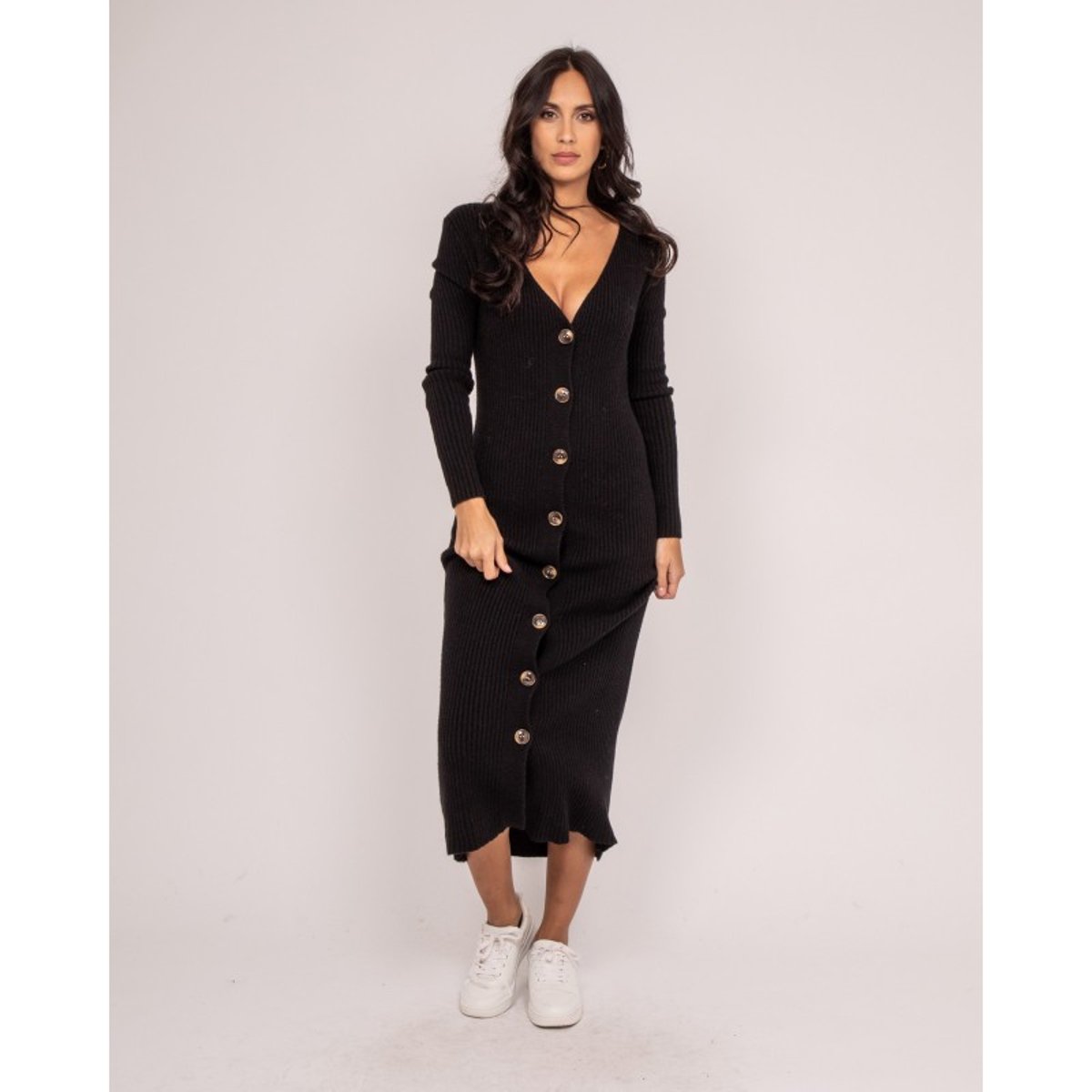 Robe Longue Maille Côtelée Iverny noir, DONA LISA