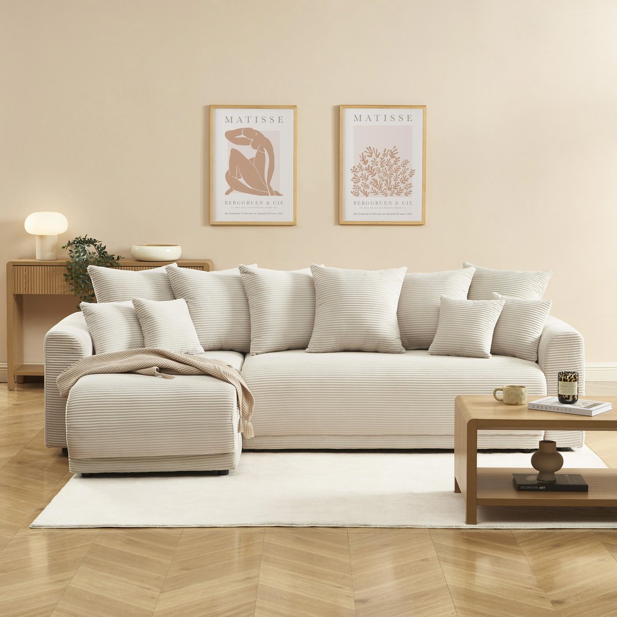 Canapé d'angle convertible velours SOLINE beige, BAÏTA