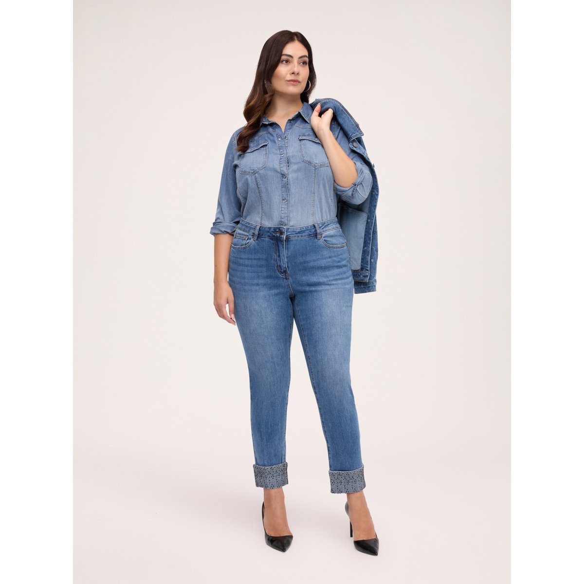 Jean skinny avec revers en strass bleu, FIORELLA RUBINO